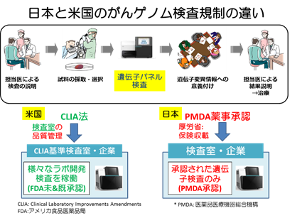 日本と米国のがんゲノム検査規制の違いの図