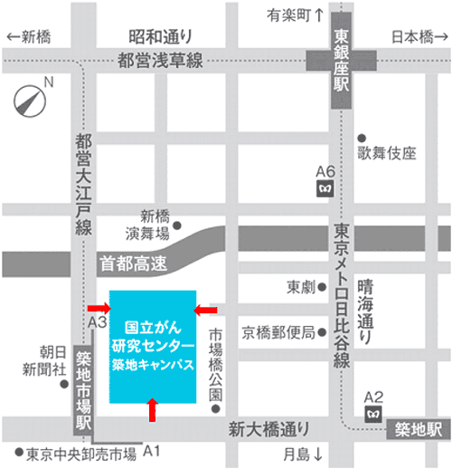 築地キャンパスへの交通 中央病院案内図