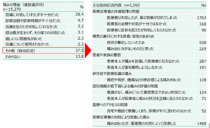 死亡前1週間の「痛み」の主な理由の表