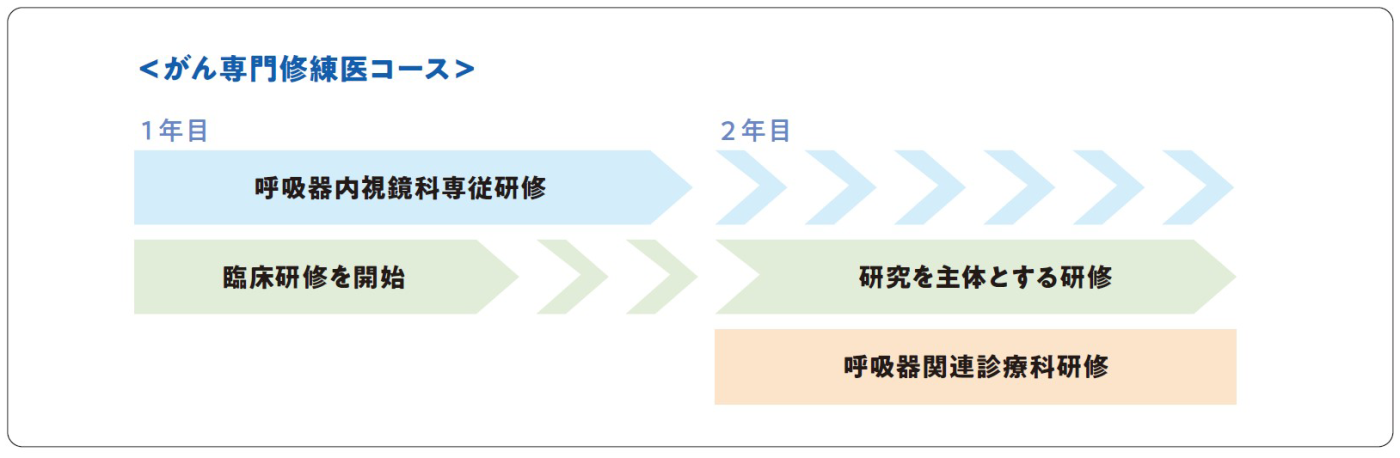 推奨するコースの例（がん専門修練医コース）の図；1年目 呼吸器内視鏡科専従研修・臨床研修を開始、2年目 1年目の続き及び研究を主体とする研修・呼吸器関連診療科研修