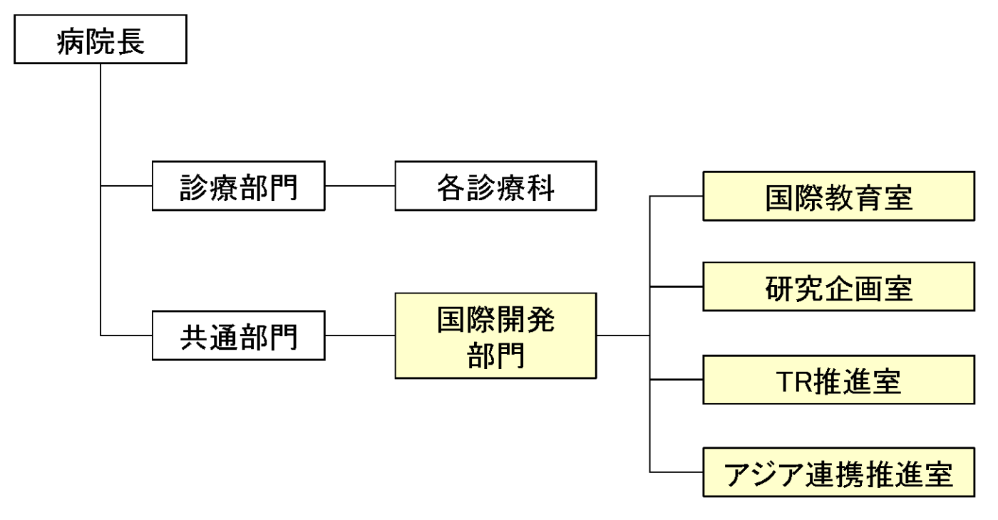 国際開発部門組織図（ATLASproject・アジア連携推進室・TR推進室・研究企画室・国際教育室・国際診療室）