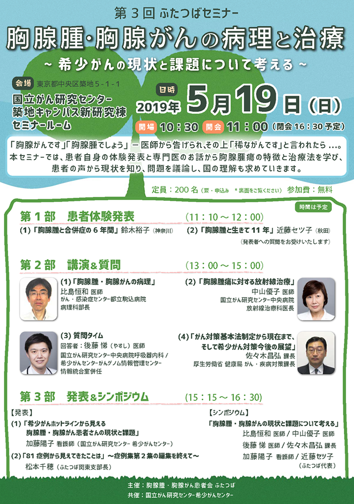 第3回ふたつばセミナー胸腺腫・胸腺がんの病理と治療 希少がんの現状と課題について考える