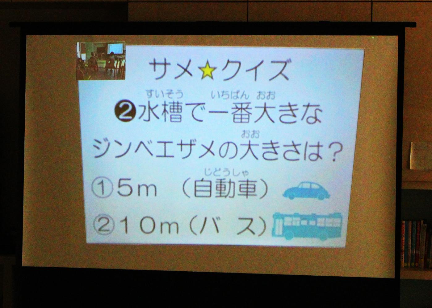 「水槽で一番大きいジンベエザメの大きさは、自動車と同じ5メートルくらいでしょうか、バスと同じ10メートルくらいでしょうか」というサメに関するクイズ画面の画像